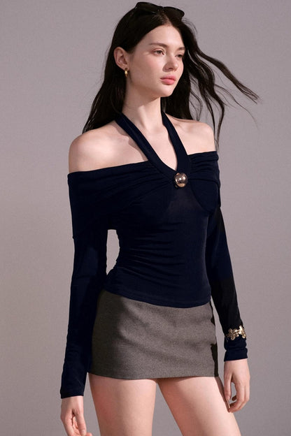 Sense Twisted Navy Halterneck Long Sleeve Top