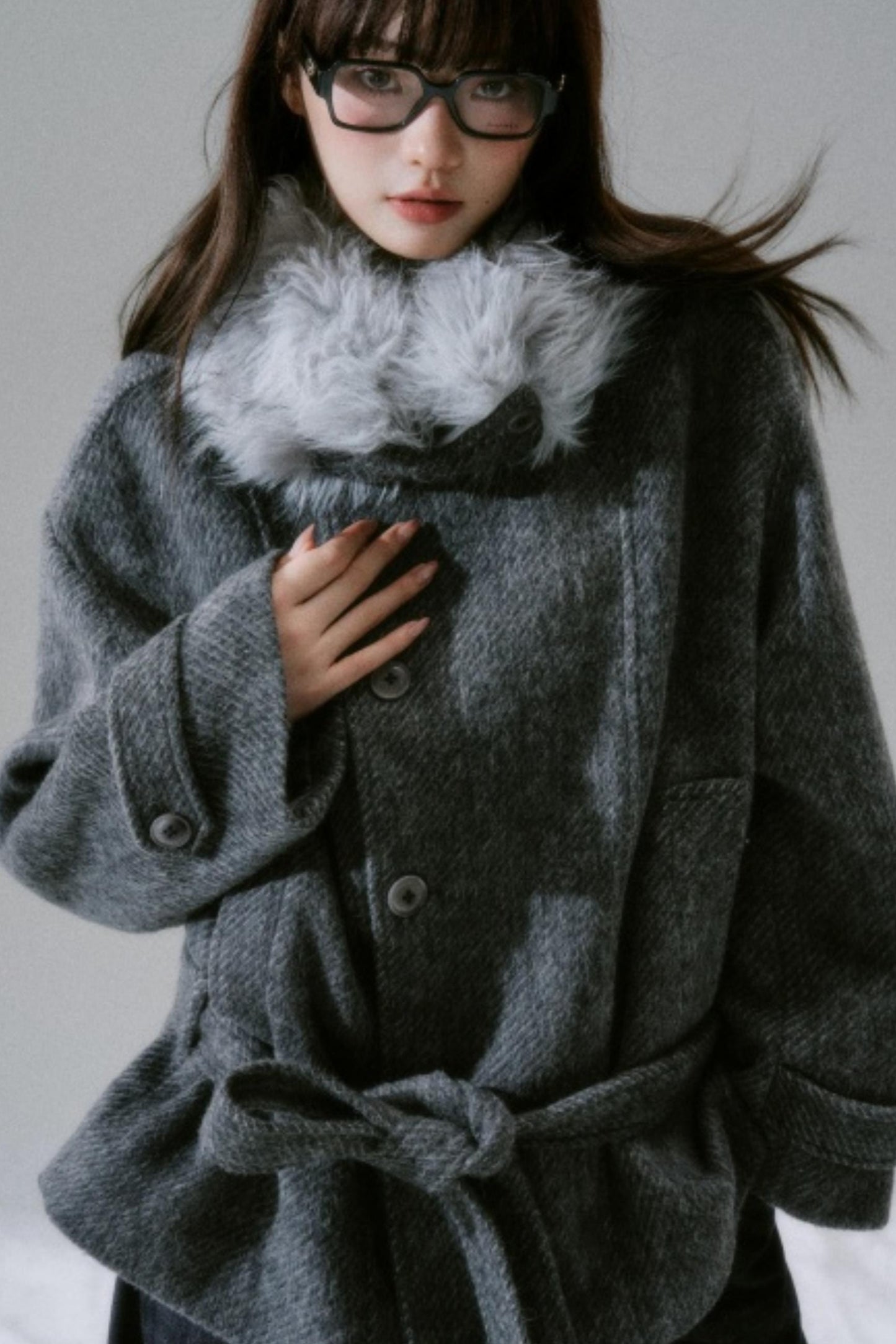 Bow Fur Collar Wool Coat