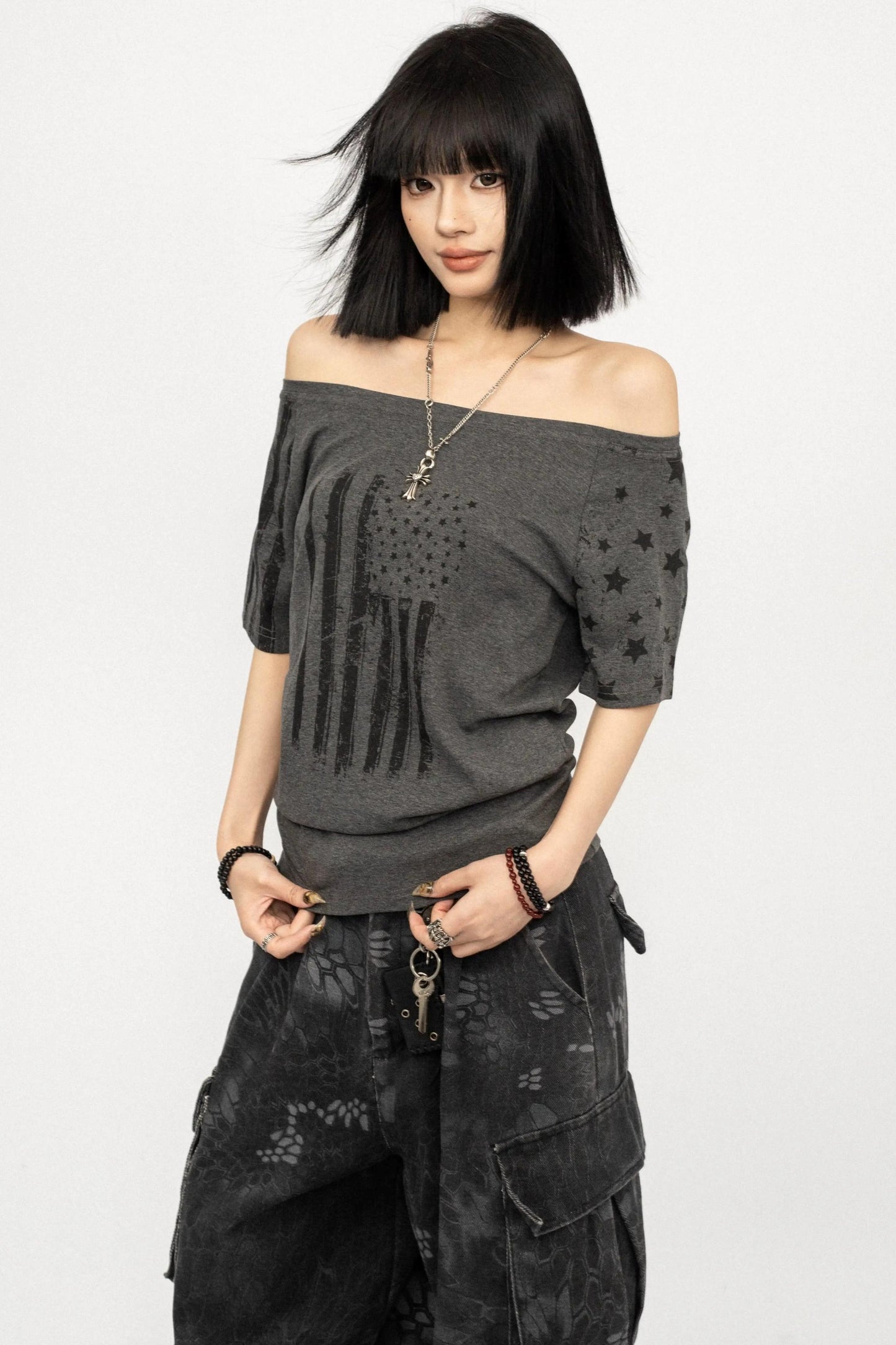 Retro Printed One-Shoulder Top