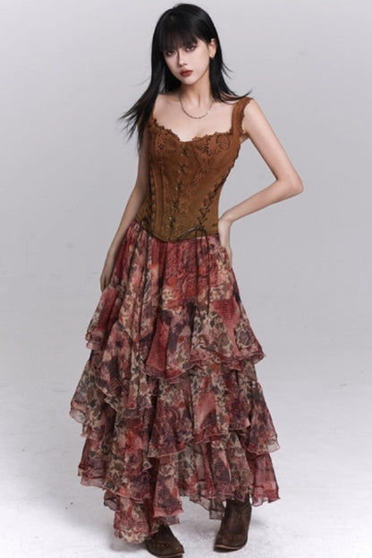 Red Floral Tiered Skirt