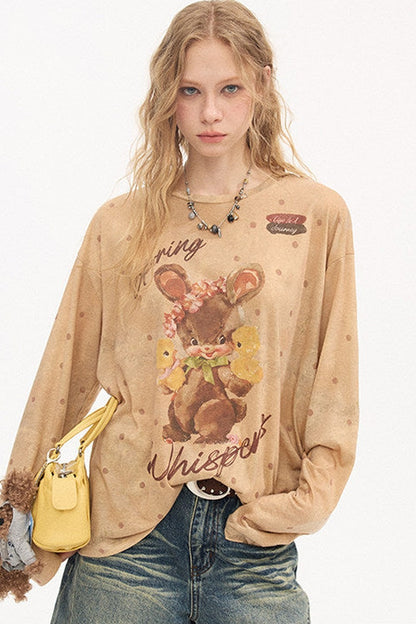 Camiseta de manga larga retro con conejito y lunares