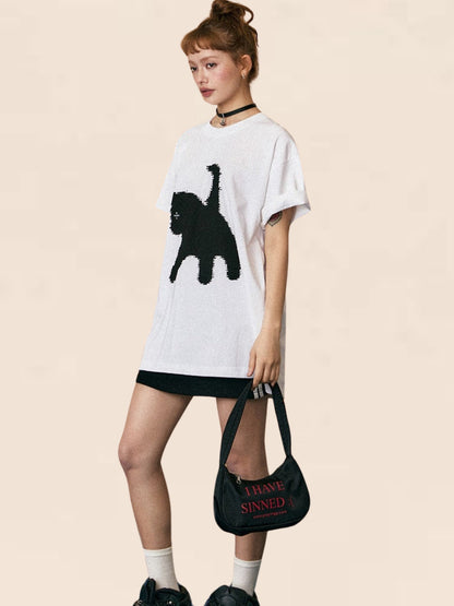 Silhouette Cat Print T-Shirt