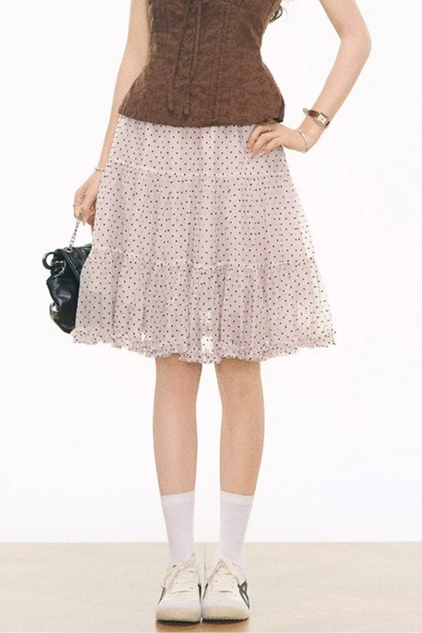 Embroidered Hollow Top & Polka Skirt Set-Up