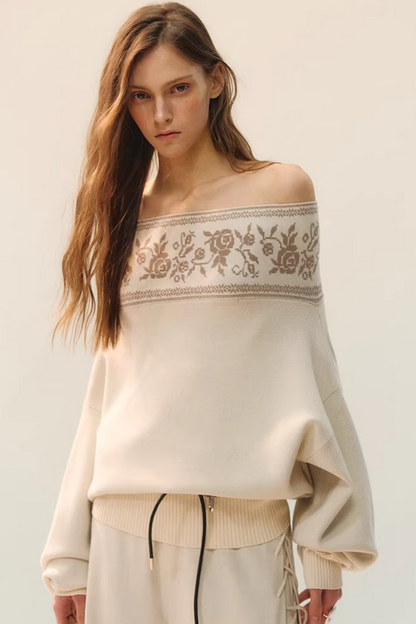 플로럴 오프숄더 니트 탑