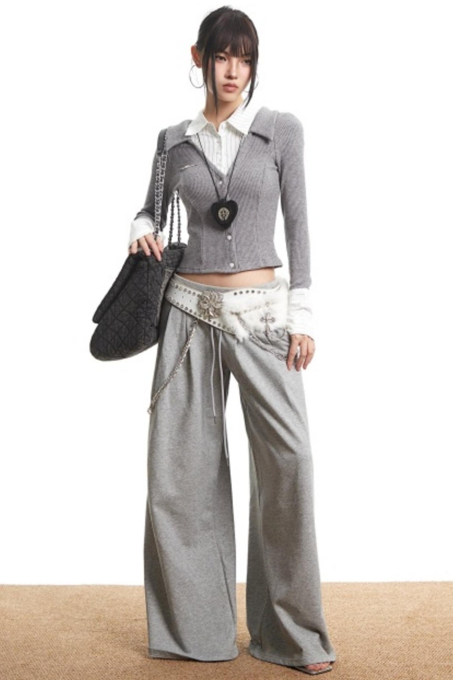 Retro Gray Fake Two-Piece Top