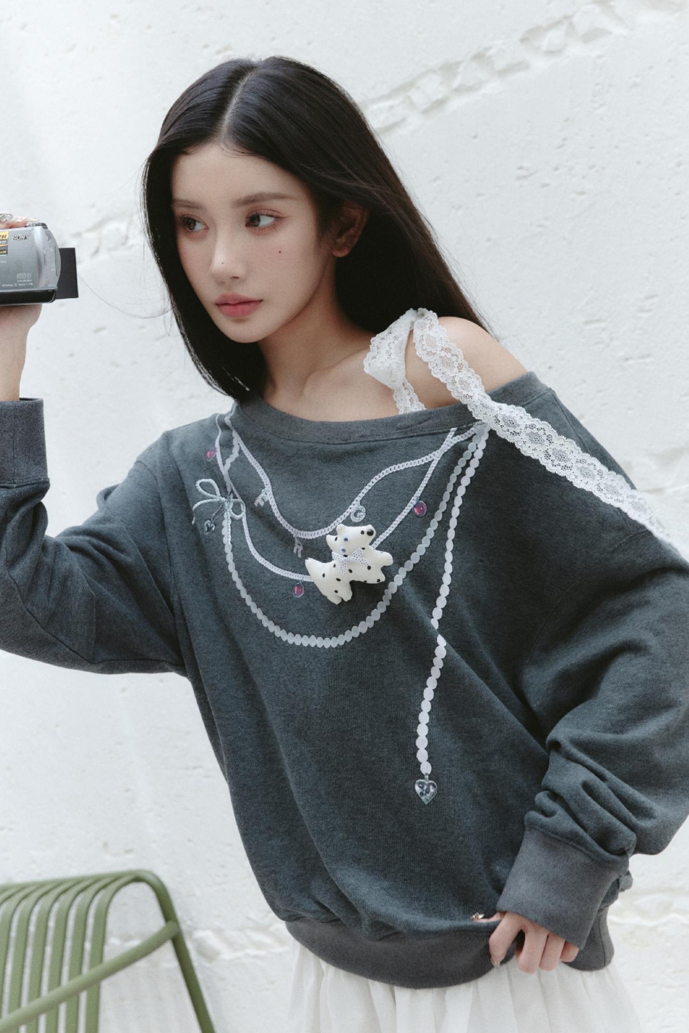 Gray Slanted Shoulder Tie Sweatshirt