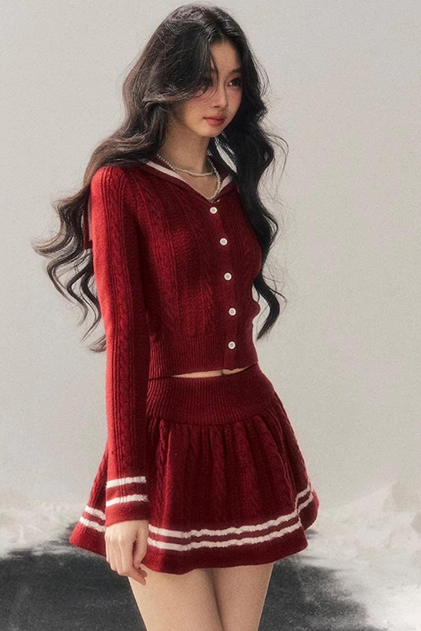 Red Evening Breeze Knitted Sweater Set-Up