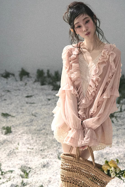 Ruffled Lace Chiffon Blouse