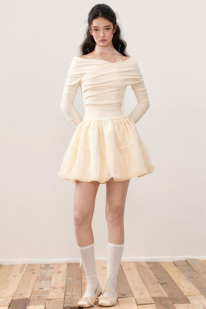 Cross-Line Shoulder Puffy Patchwork Dress