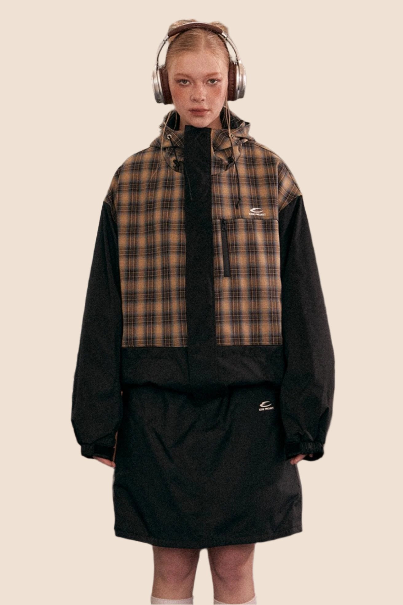 Retro Plaid Stitching Hooded Jacket Set-Up