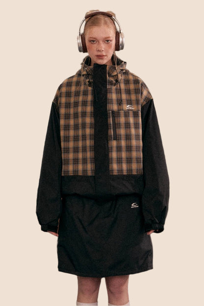 Retro Plaid Stitching Hooded Jacket Set-UP