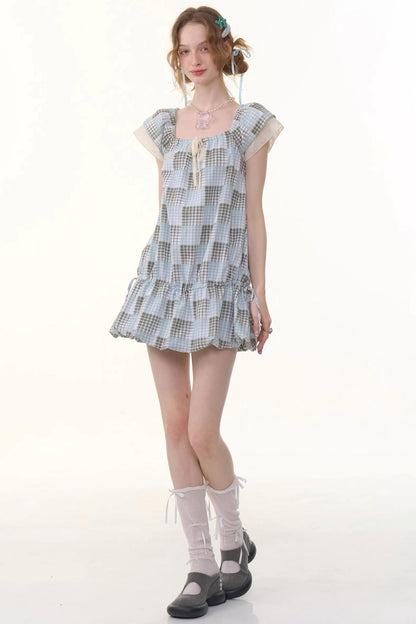 Vintage Checkered Square Neck Dress