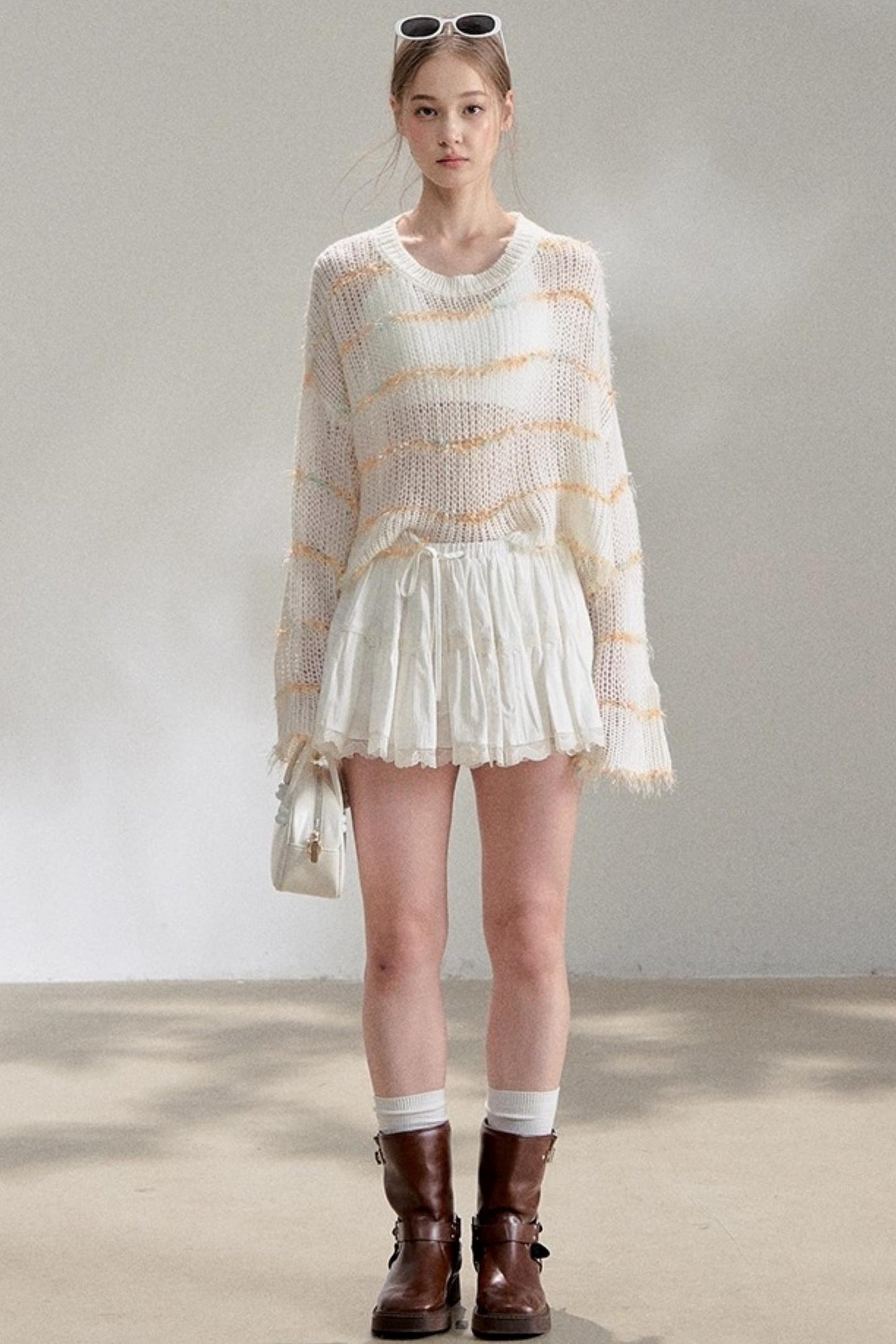 Silver Silk Blend Cropped Knit Blouse