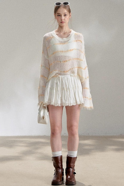 Silver Silk Blend Cropped Knit Blouse