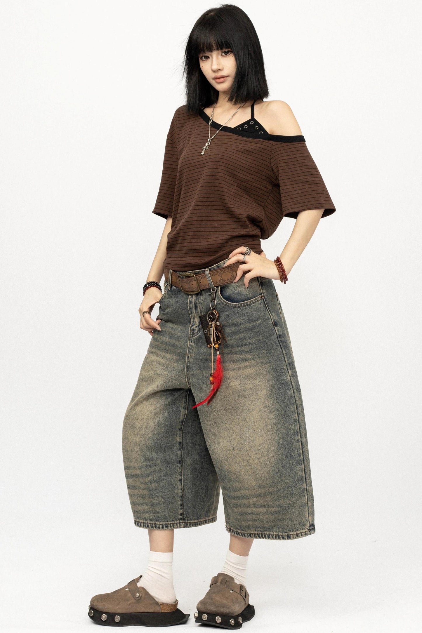 Top a righe color-block con spalle scoperte