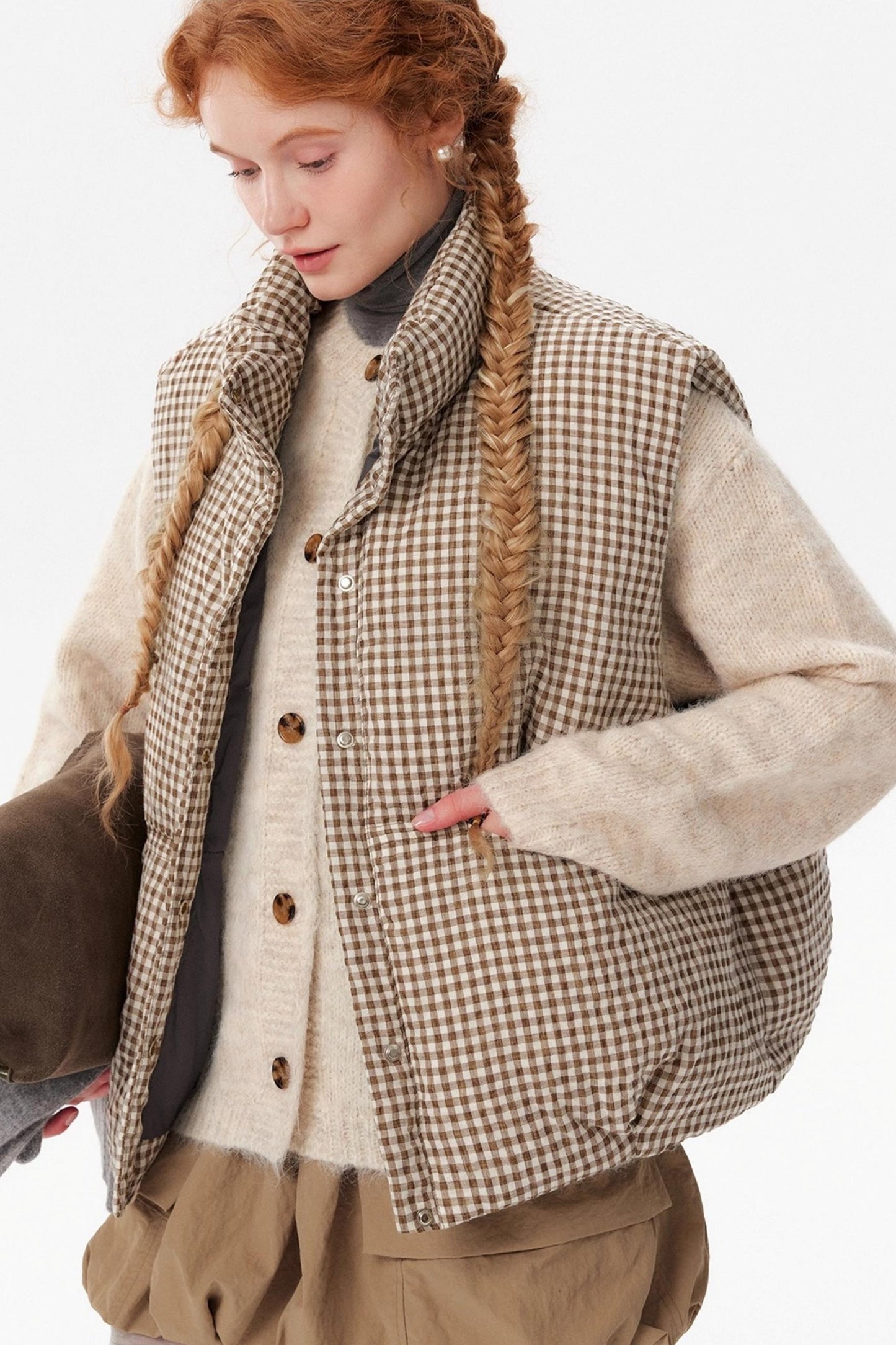Linen Plaid Down Vest Jacket