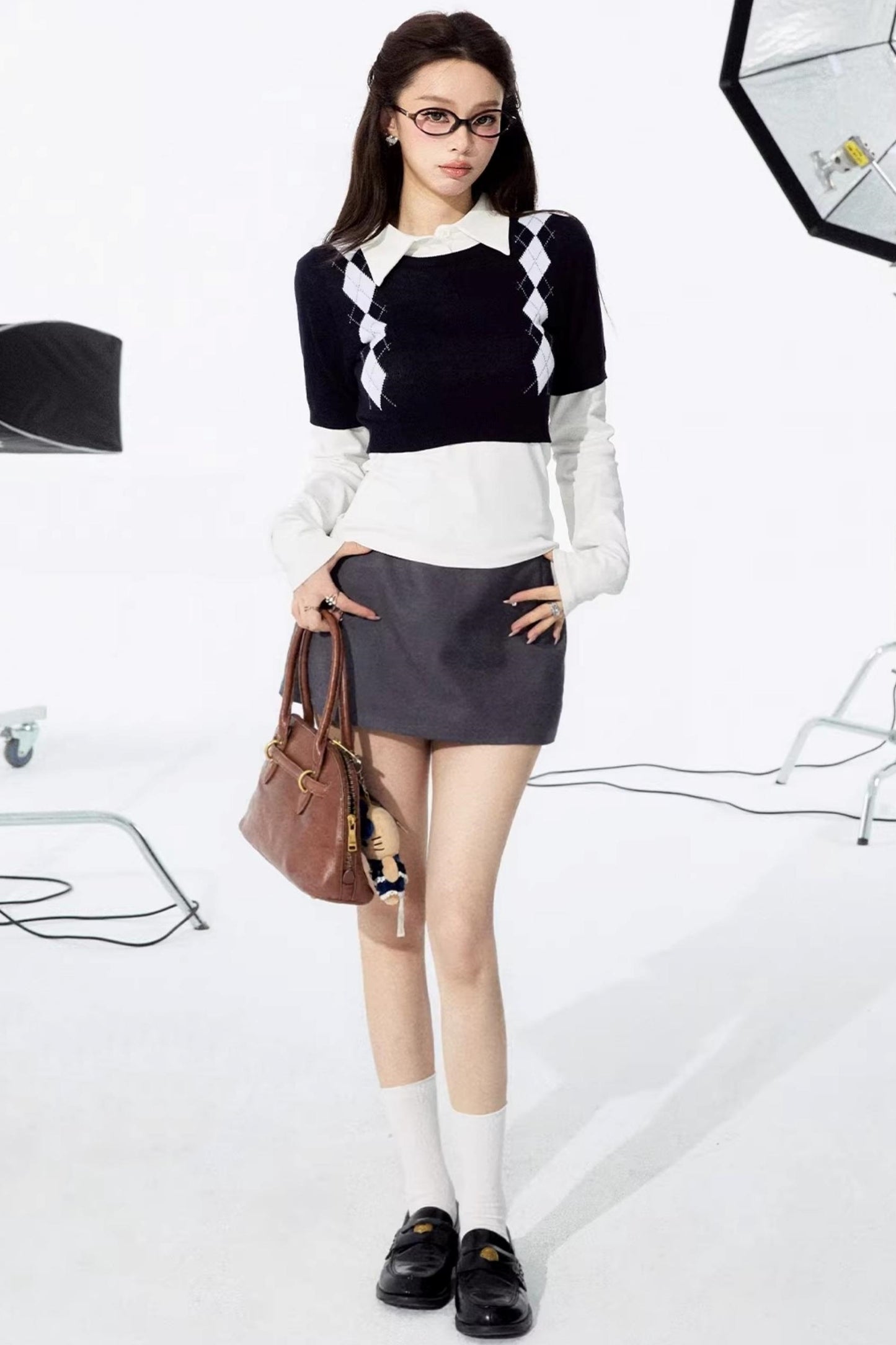 Plaid Retro Knit Sweater Set-Up