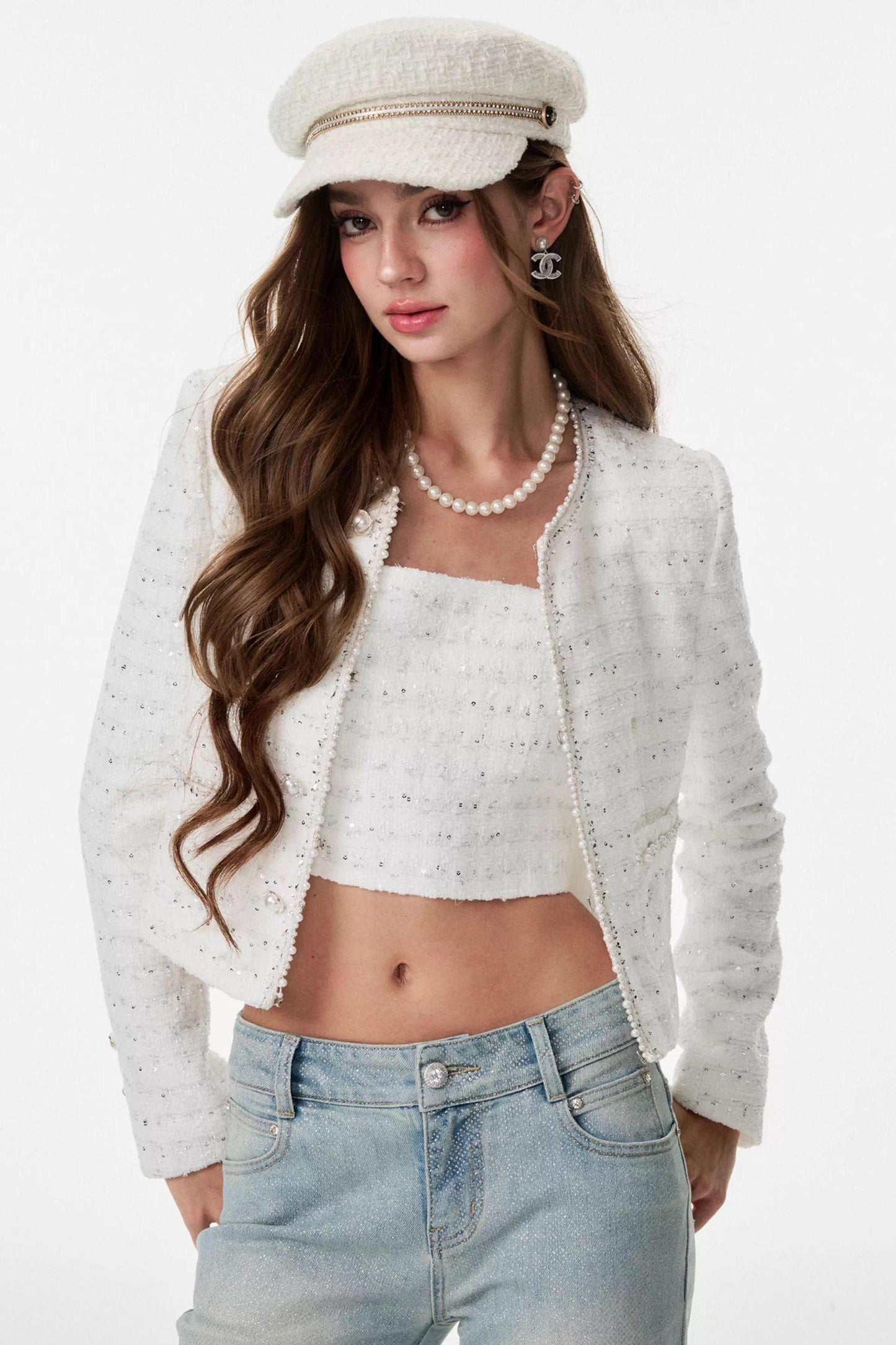 White Small Fragrance Three-Piece Slimming Jacket Set-Up