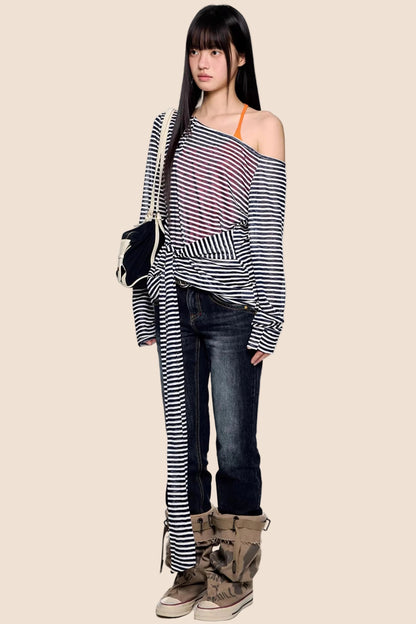 Off-Shoulder Striped Casual Top