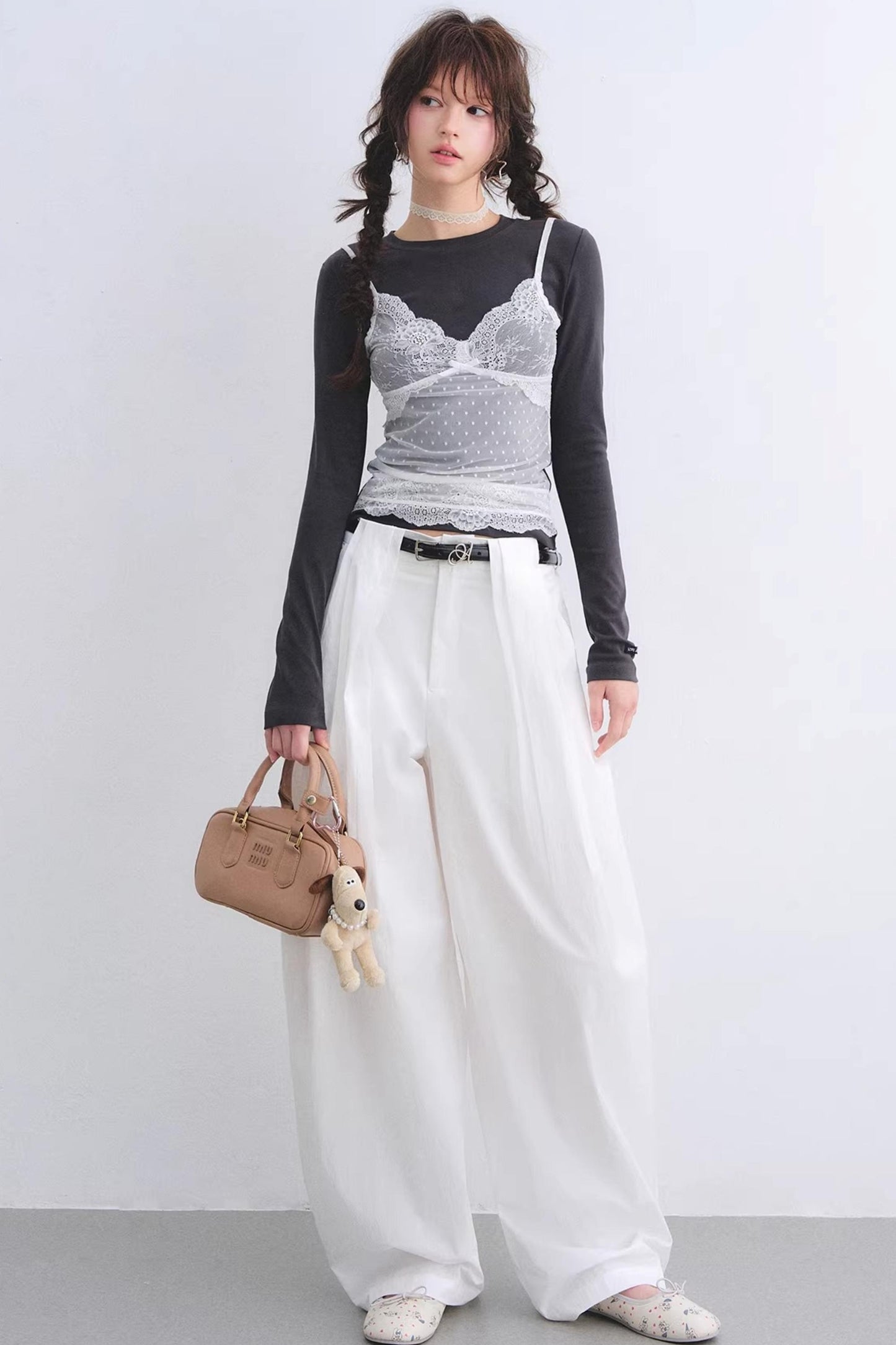 White Pleated Wide-Leg Pants Set-Up