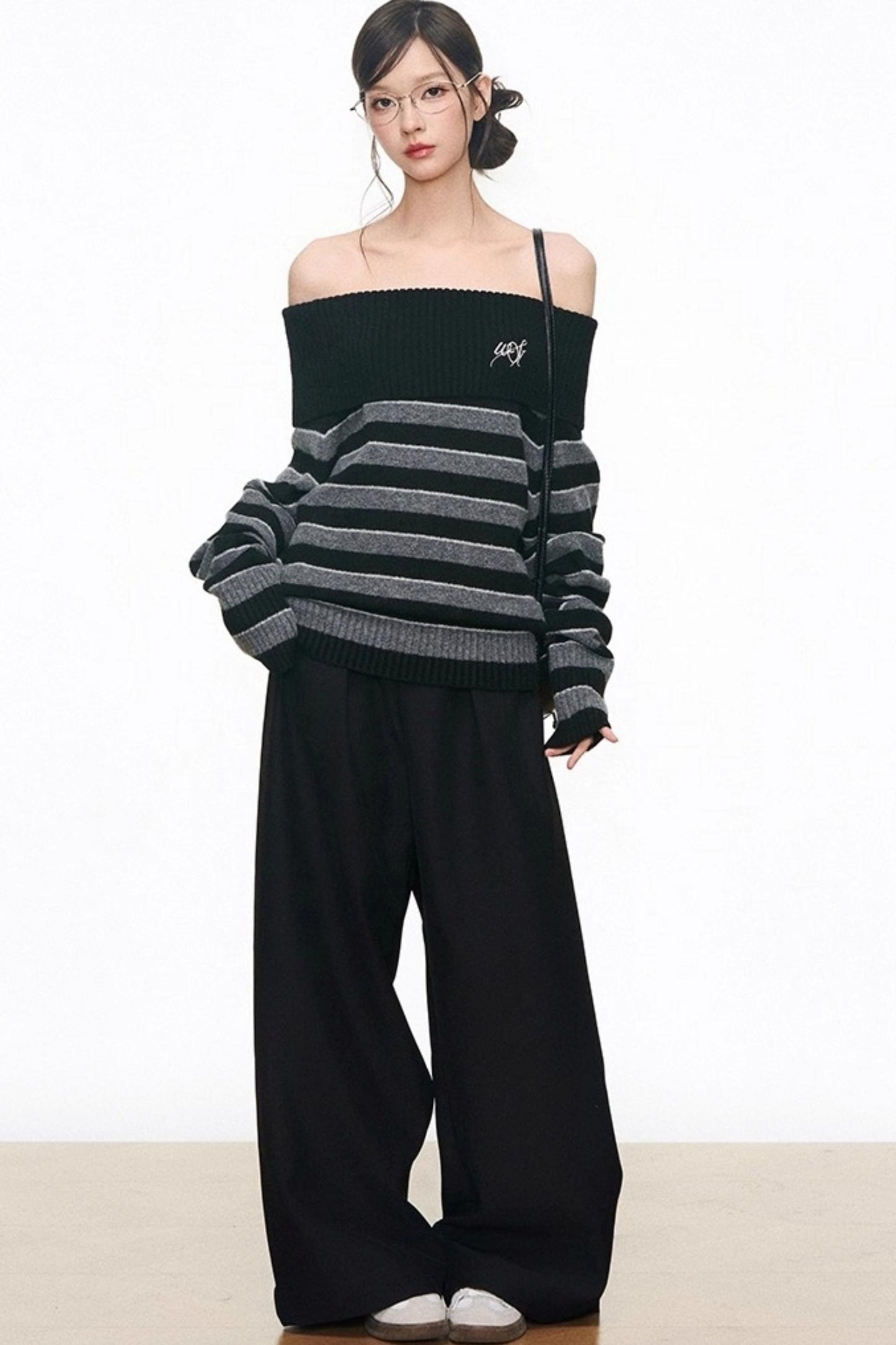 Lazy Striped One-Shoulder Sweater & Wide-Leg Pants Set-Up