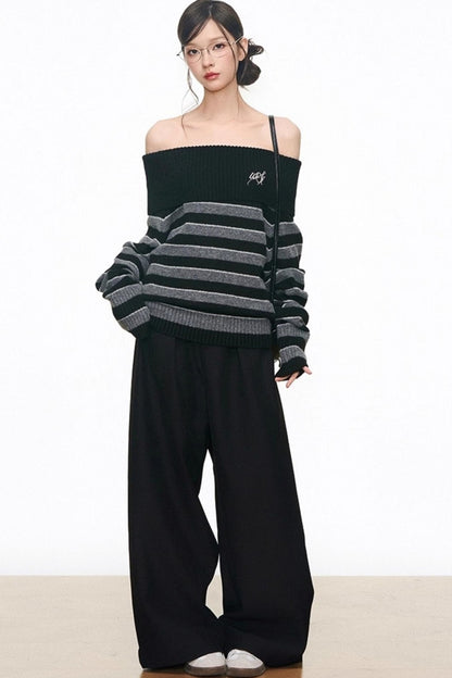 Lazy Striped One-Shoulder Sweater & Wide-Leg Pants Set-Up