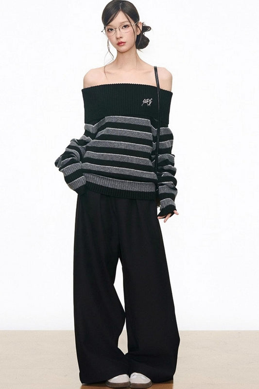 Lazy Striped One-Shoulder Sweater & Wide-Leg Pants Set-Up