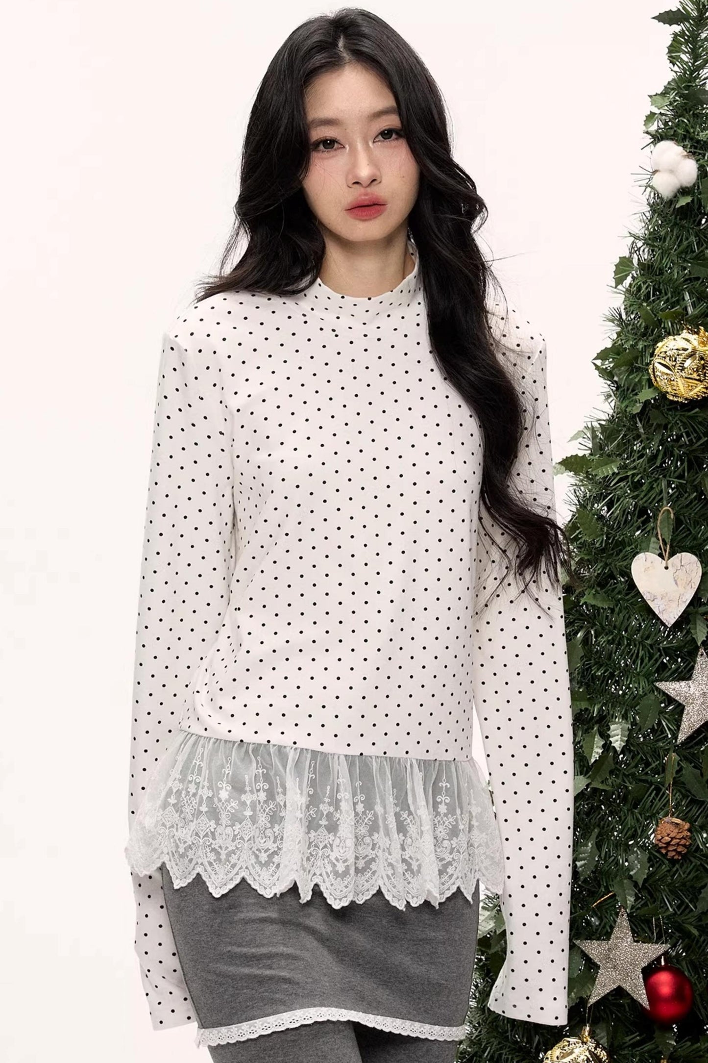 Polka Dot Lace Turtleneck Top
