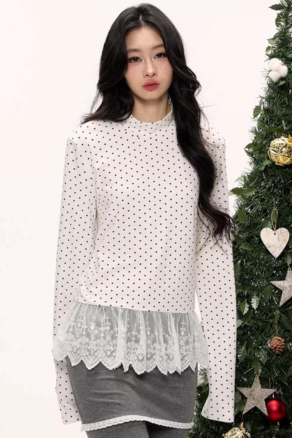 Polka Dot Lace Turtleneck Top