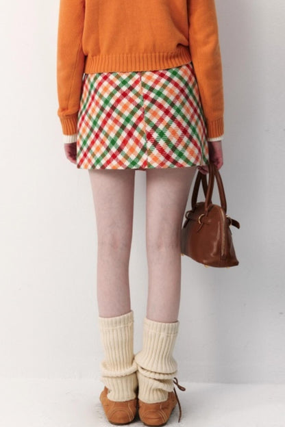 Rainbow Plaid Woolen Skirt