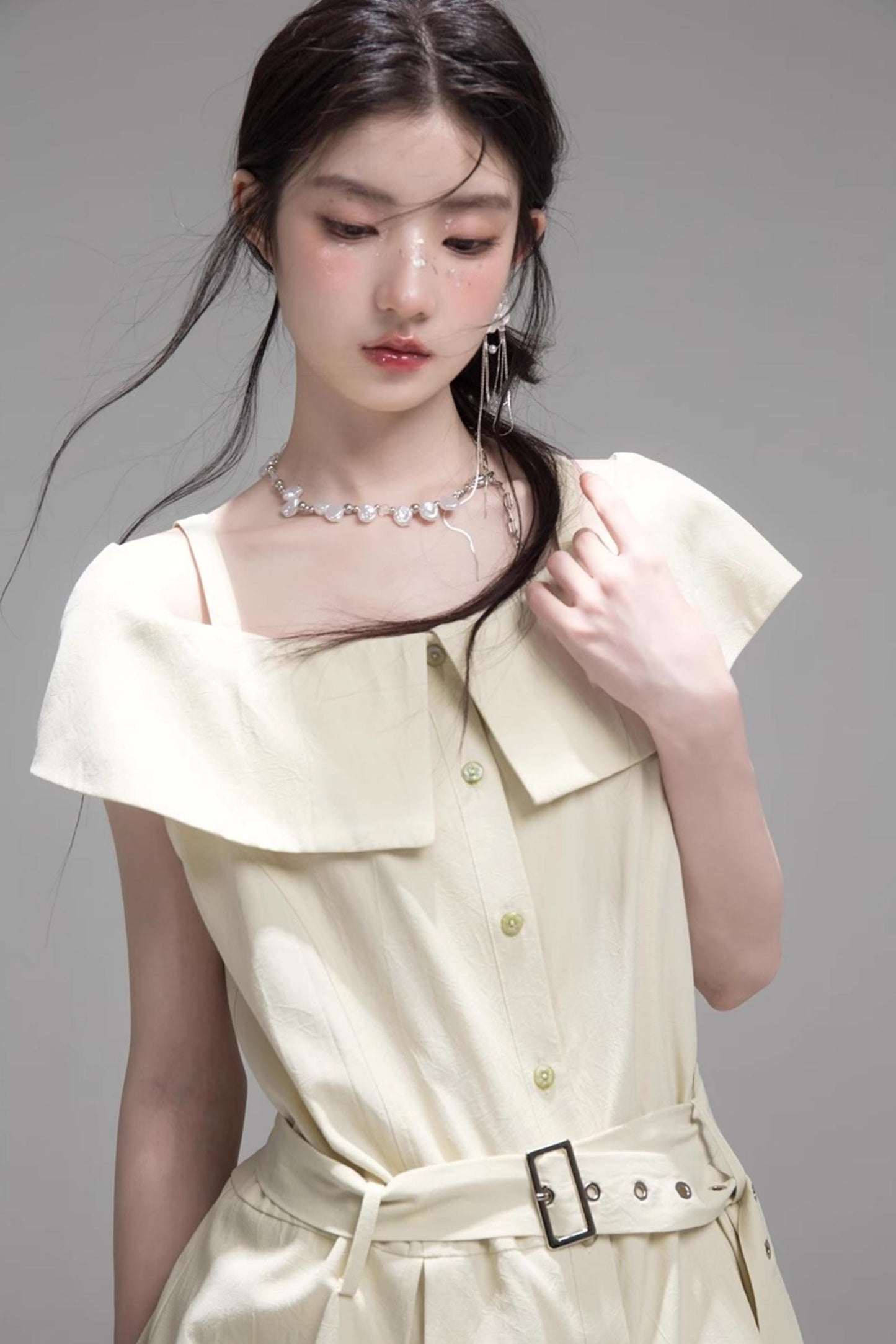 Layered Lime Green Belted Shirt & Pleated Shorts Set