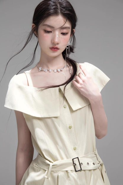 Layered Lime Green Belted Shirt & Pleated Shorts Set