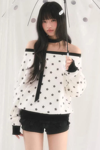 Star Print One-Shoulder Sweatshirt