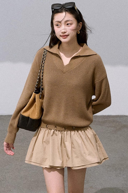 Wool V-Neck Detachable Skirt Dress