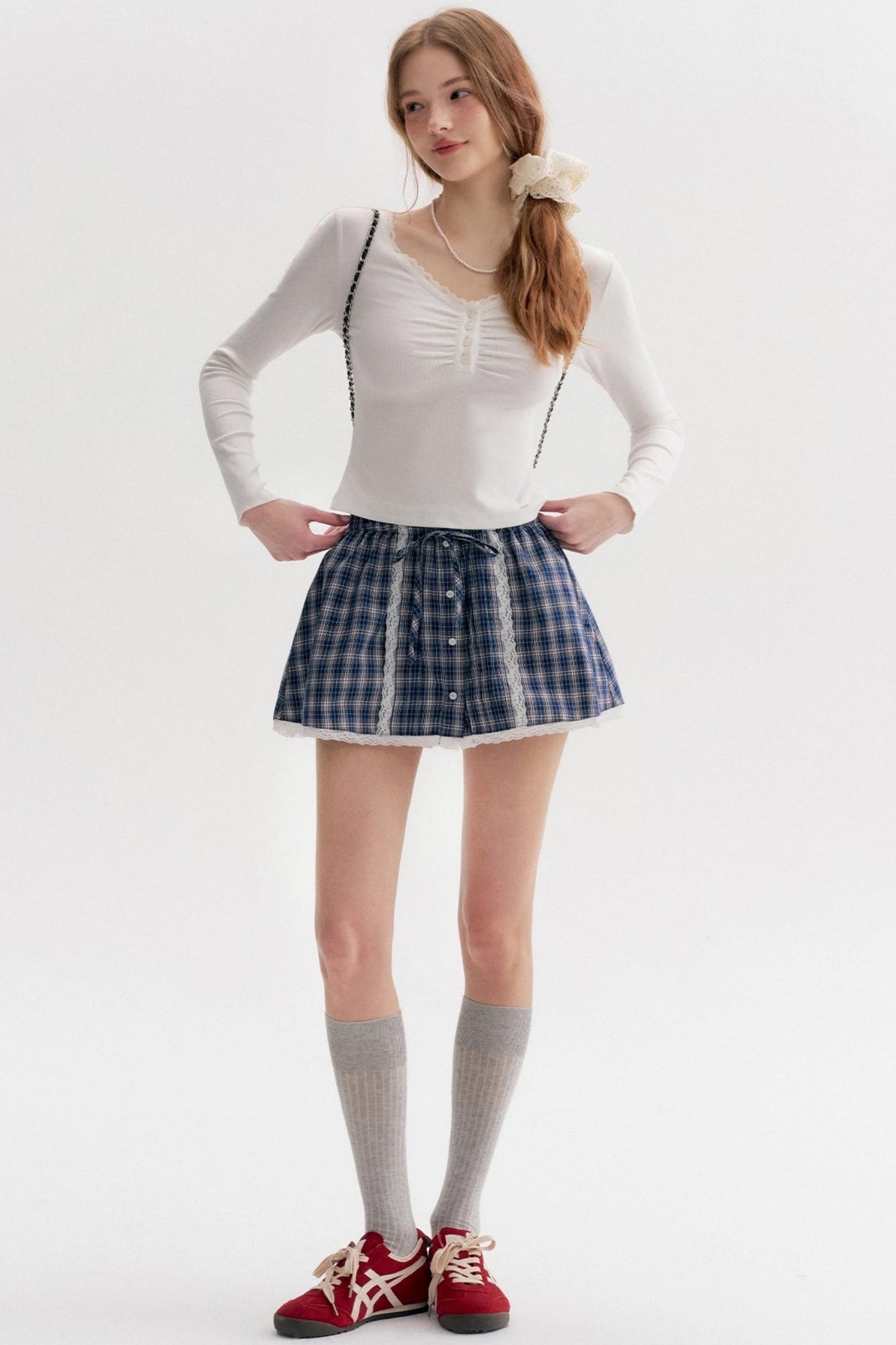 Lace Stitching Check Short Skirt