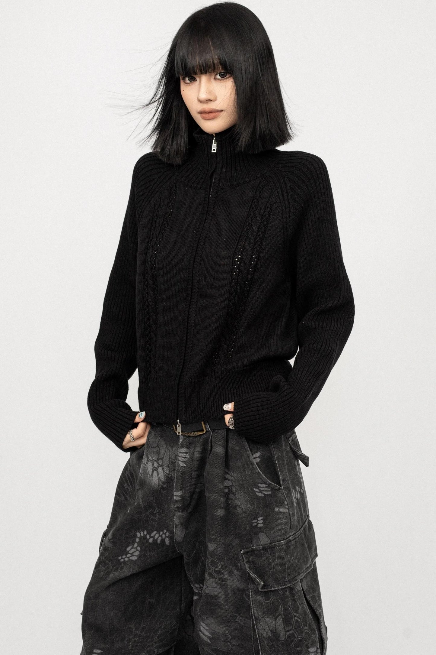 Semi-High Neck Knitted Cardigan