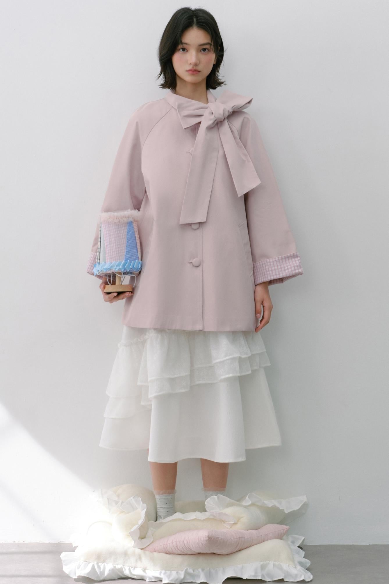 Pink Grey Check Bow Trench Coat