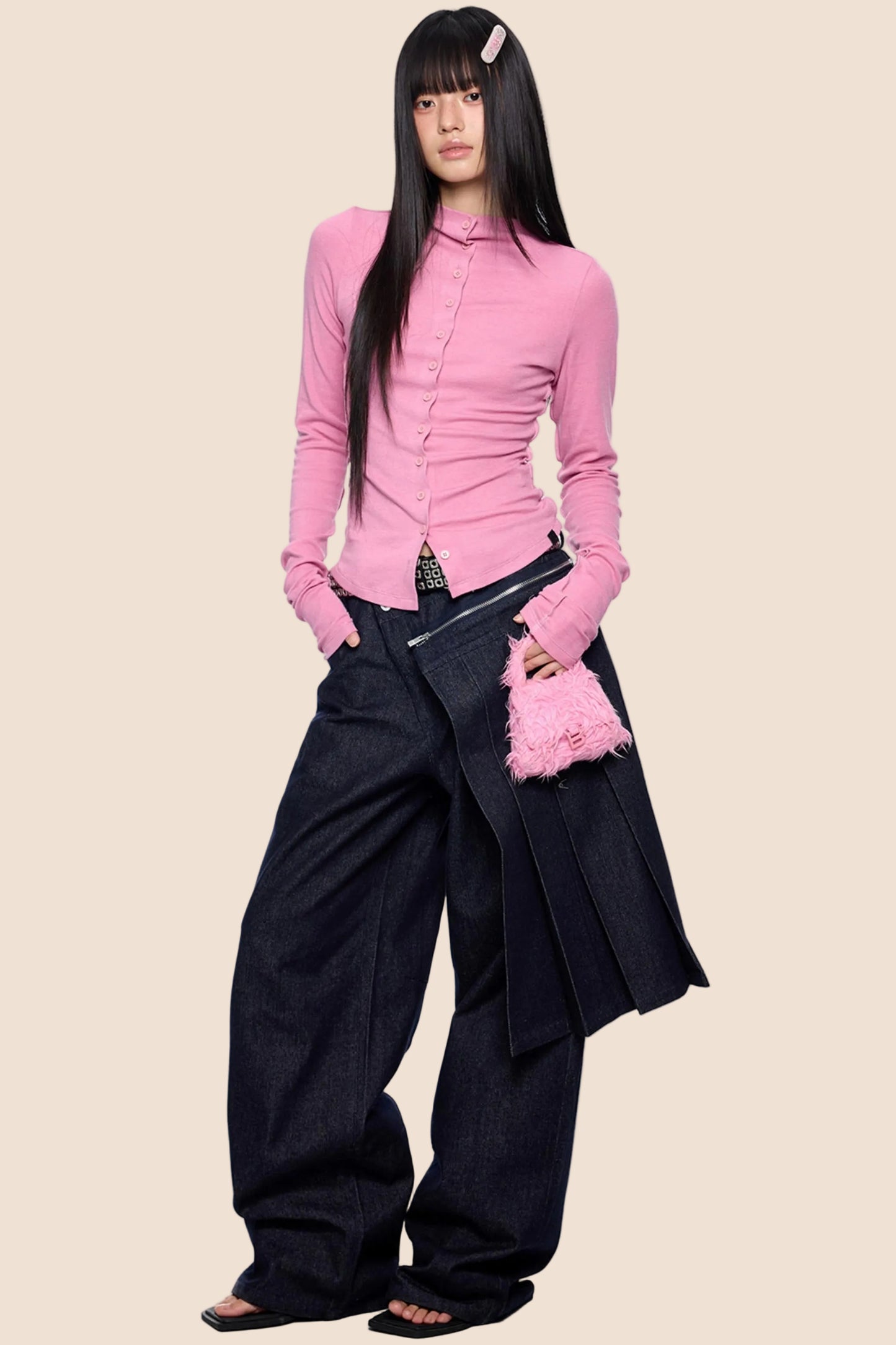 Detachable Pleated Denim Skirt Pants