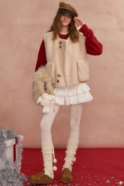 Buttoned Lamb Wool Reversible Vest