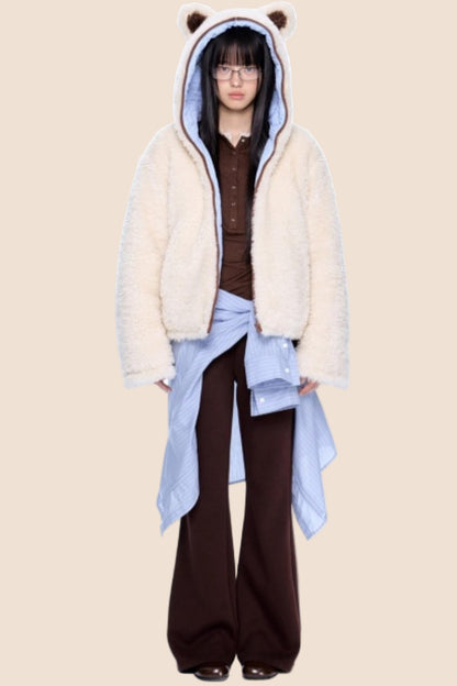 Ear-Flap Striped Faux Shearling Jacket
