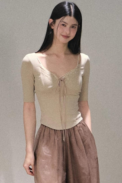 Taste of Cardamom Lace Knit V-Neck Top