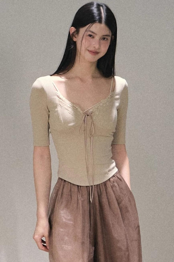 Taste of Cardamom Lace Knit V-Neck Top