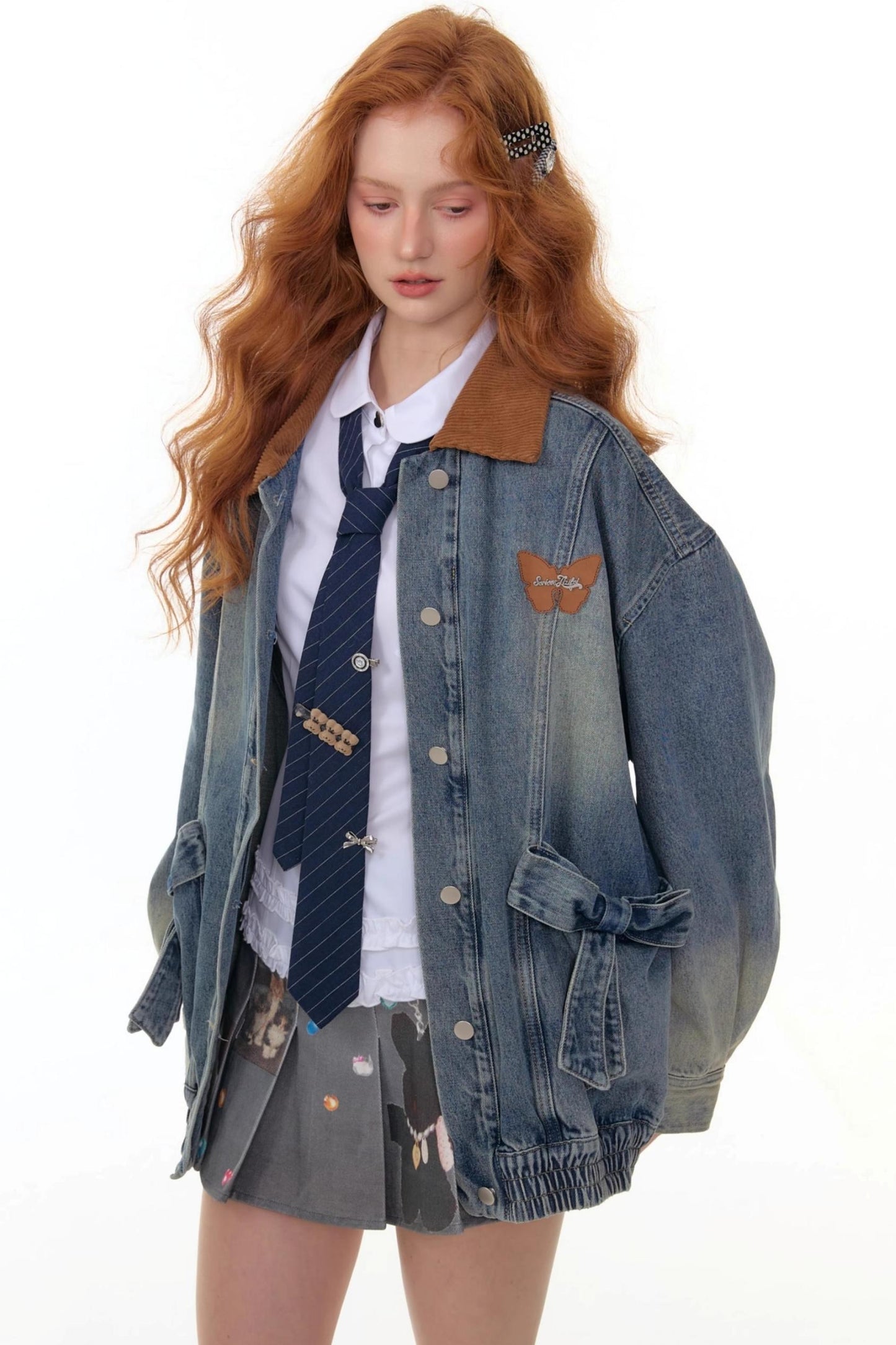 Bow Corduroy Collar Retro Denim Jacket