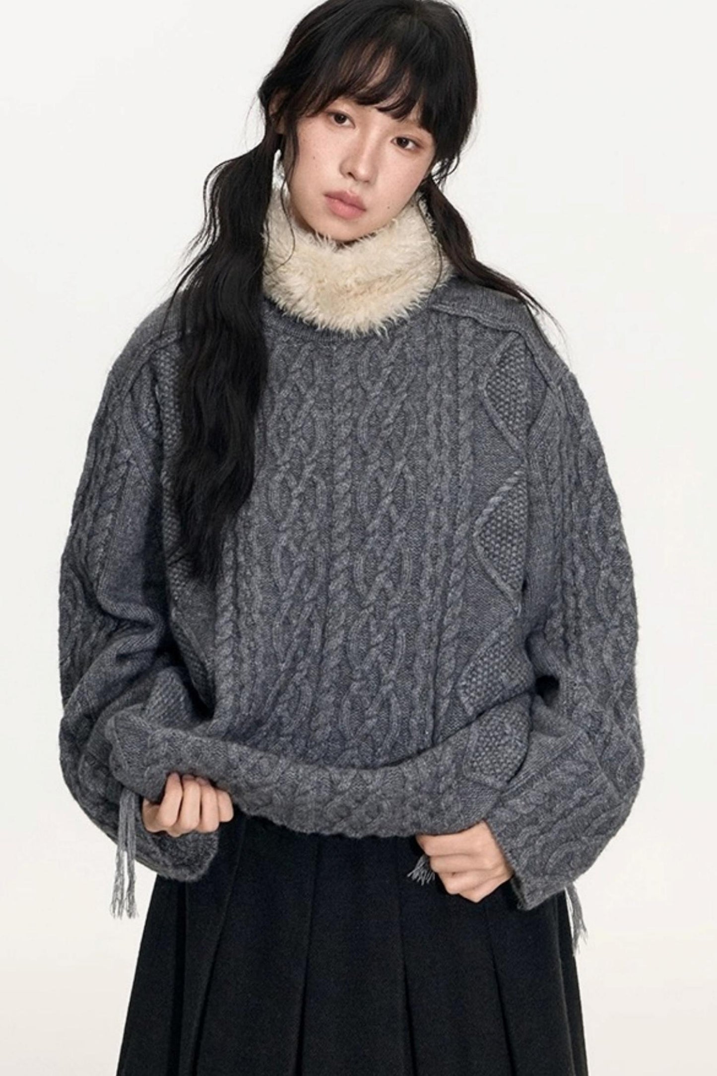 Crew Neck Crochet Cable Knit Sweater