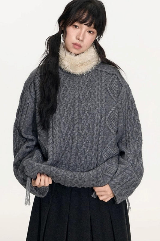 Crew Neck Crochet Cable Knit Sweater