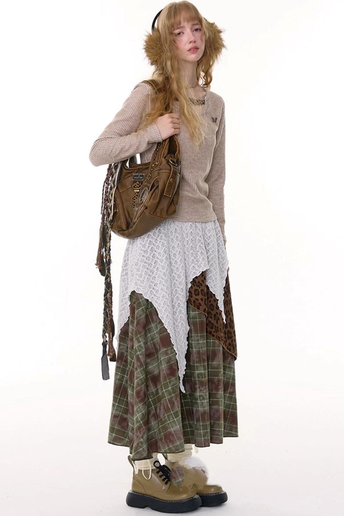 High Waist Irregular Plaid Leopard Print Midi Skirt