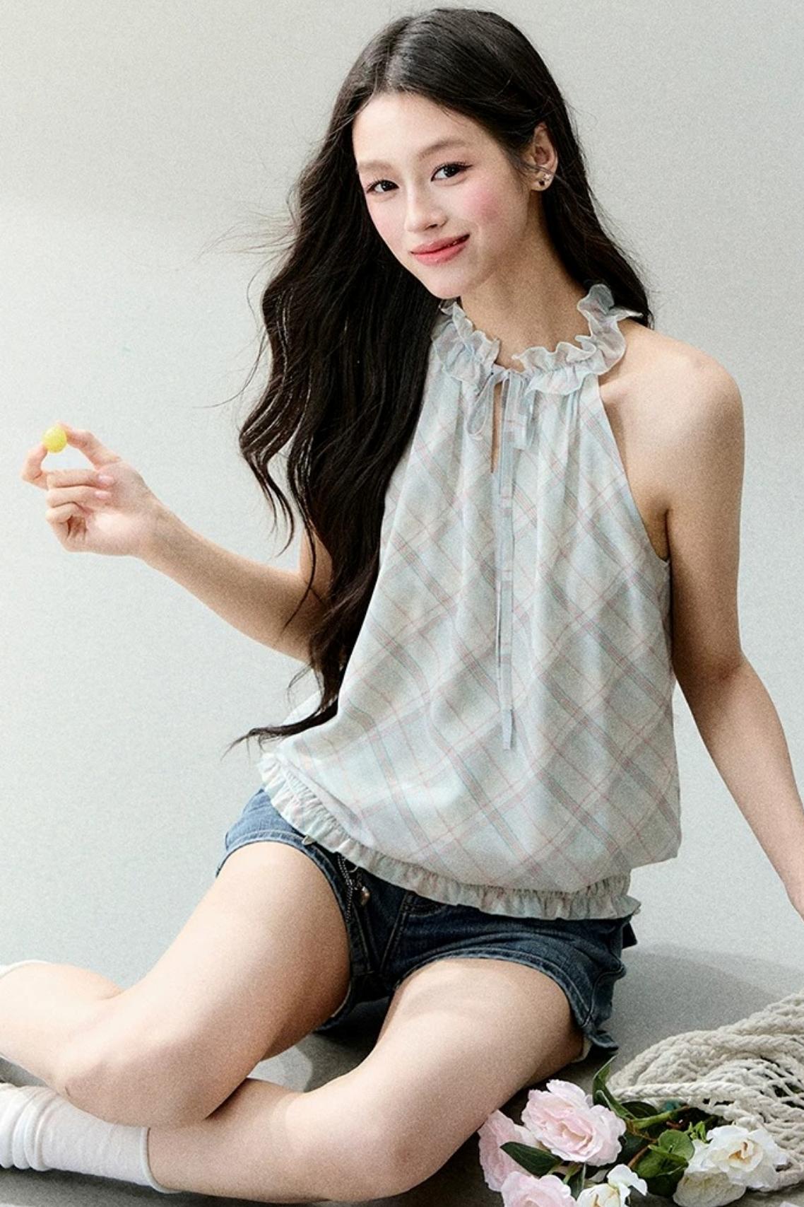 Mint Sheer Plaid Halter Top Set-Up