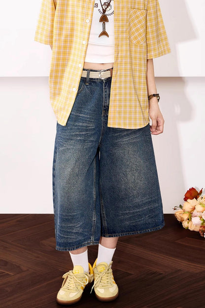 High-Waisted Whisker Denim Shorts