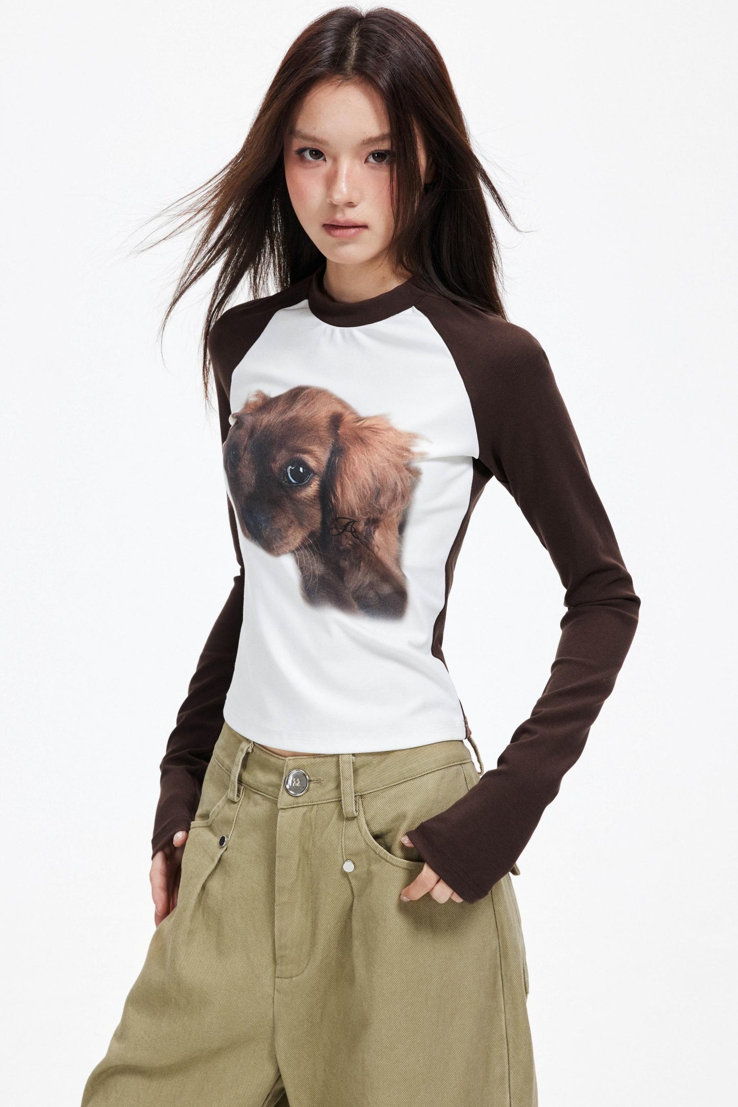 Puppy Print Raglan Slimming Knit Top