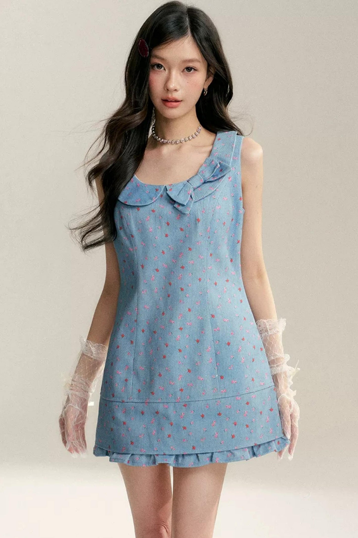 Contrast Floral Bow Collar Dress